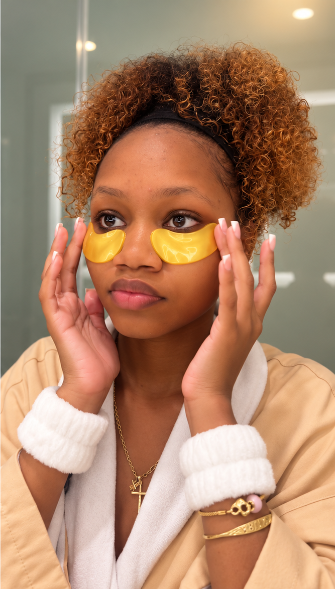 Iridescent gold eye mask self care AI enhanced lifestyle mockup